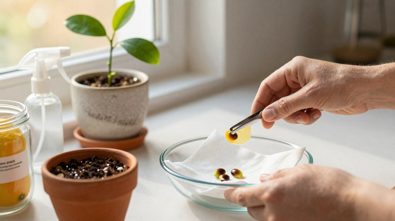 Hands holding tweezers placing seeds on a paper towel in a glass bowl for planting near potted plants.