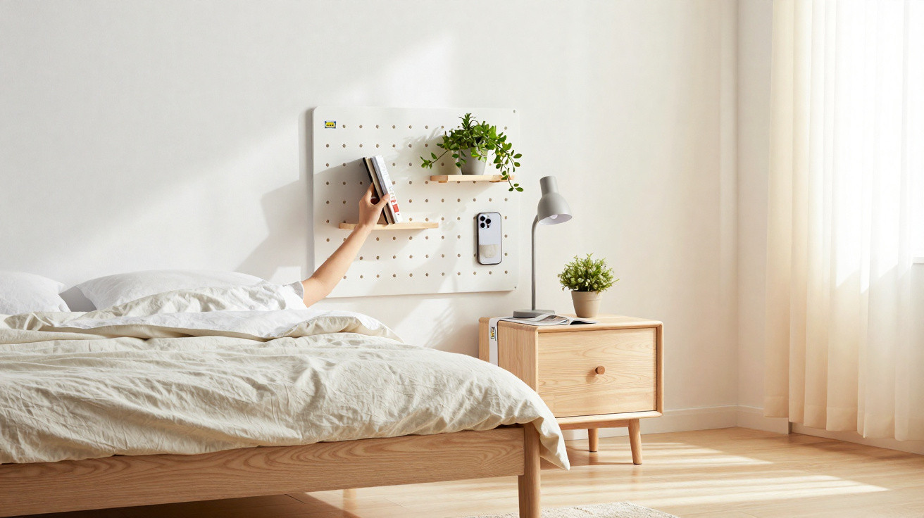 Person lying in bed reaching for books on a wall-mounted pegboard shelf in a bright, minimalist bedroom.