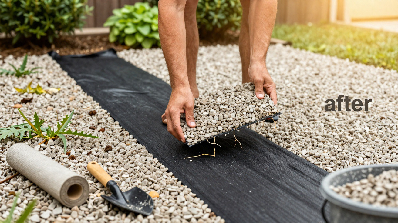 Person spreading gravel on a black weed barrier fabric in a garden landscaping project labeled "after"