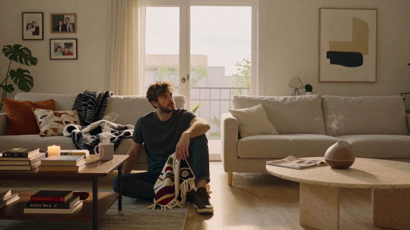 Man sitting on the floor in a sunlit living room with sofas, books, a coffee table, and framed pictures on the wall.
