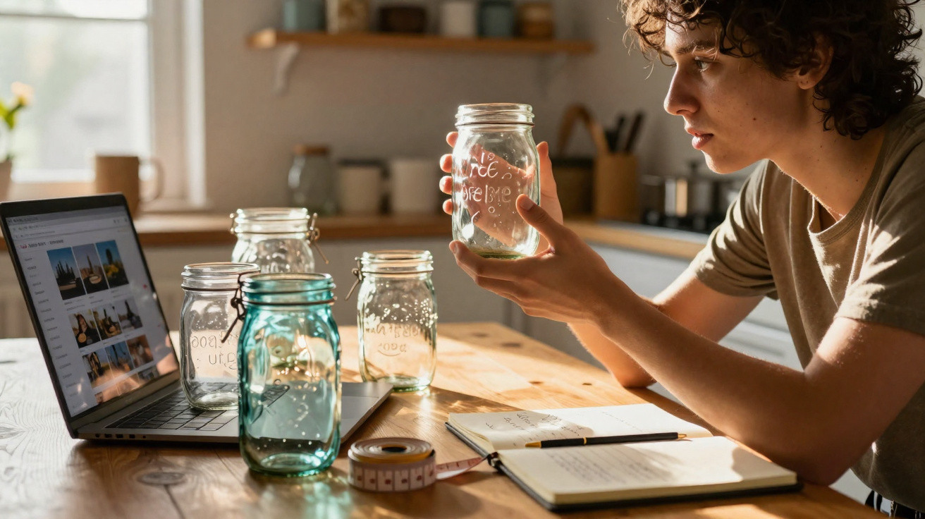 Person examining a glass jar at a wooden table with jars, a laptop, notebook, and measuring tape in natural light.