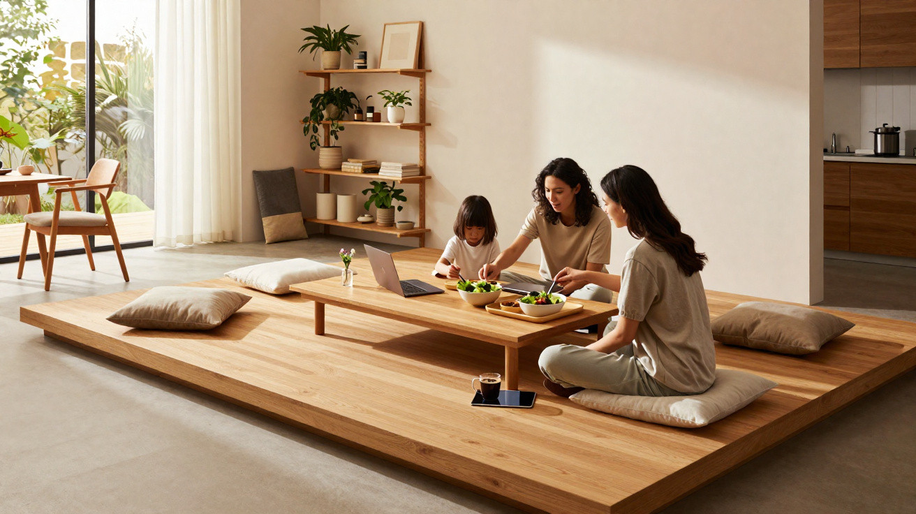 Three people enjoy a meal and work on laptops while sitting on cushions around a low wooden table in a minimalist room.