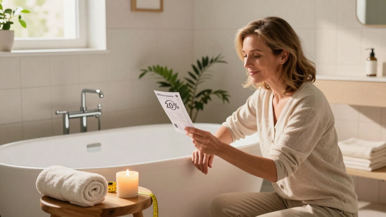 Woman reading a discount coupon while sitting beside a bathtub in a calming bathroom setting.