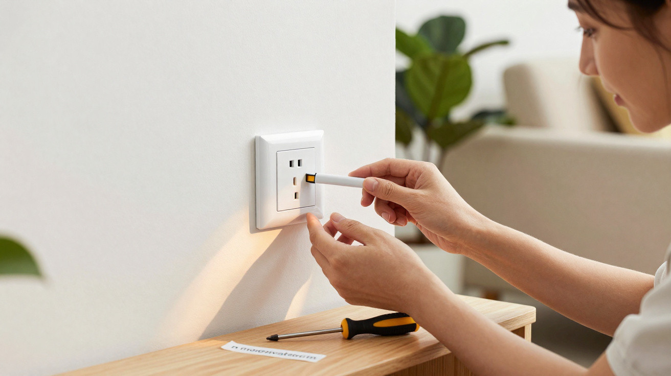 Person using a voltage tester on a wall electrical outlet with a screwdriver on a wooden surface below.