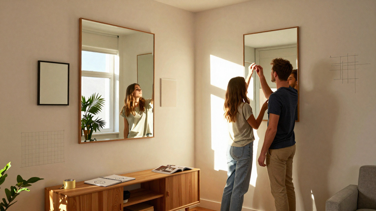 Couple measuring wall height together in a sunlit room with two large square mirrors and wooden furniture.