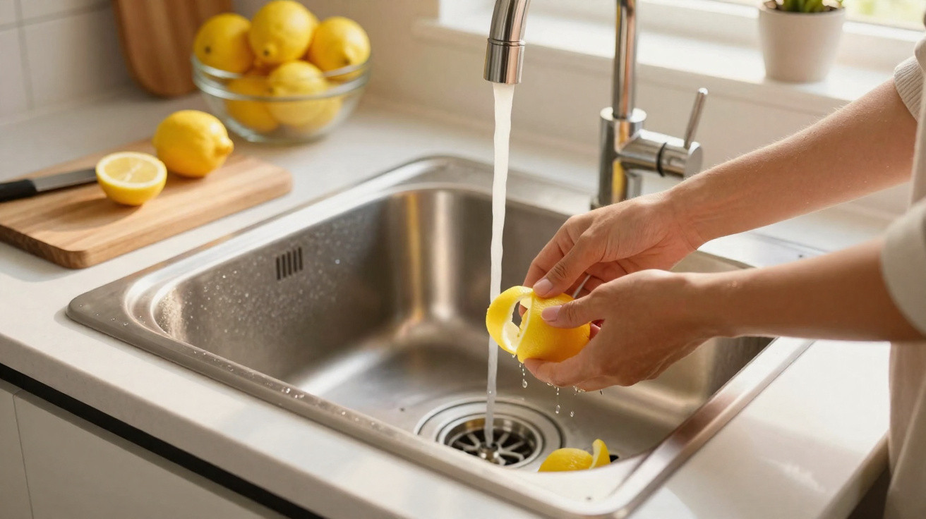 Person rinsing lemon pieces under running water in a stainless steel kitchen sink with lemons on the countertop.