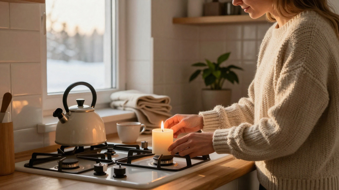 Woman in a cozy sweater lighting a candle on a kitchen stove with a kettle and mug nearby at dusk.