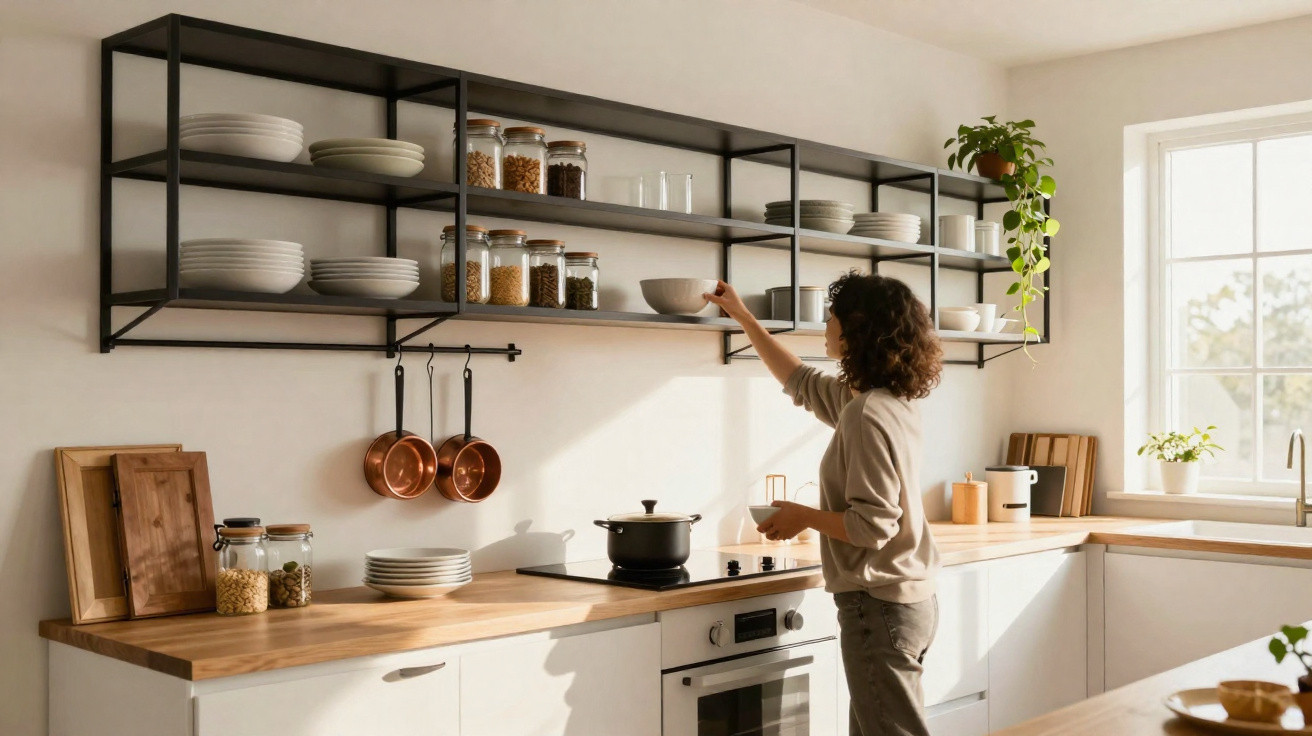 Woman reaching for a bowl on a black metal wall shelf in a bright modern kitchen with wooden countertops.