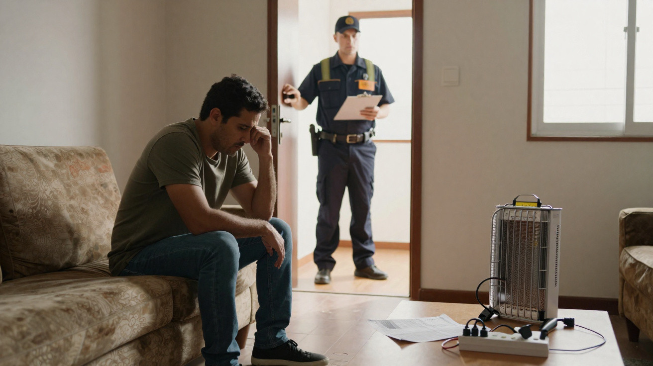 Man sitting on sofa looking worried as police officer stands in doorway holding a clipboard in a sparsely furnished room.