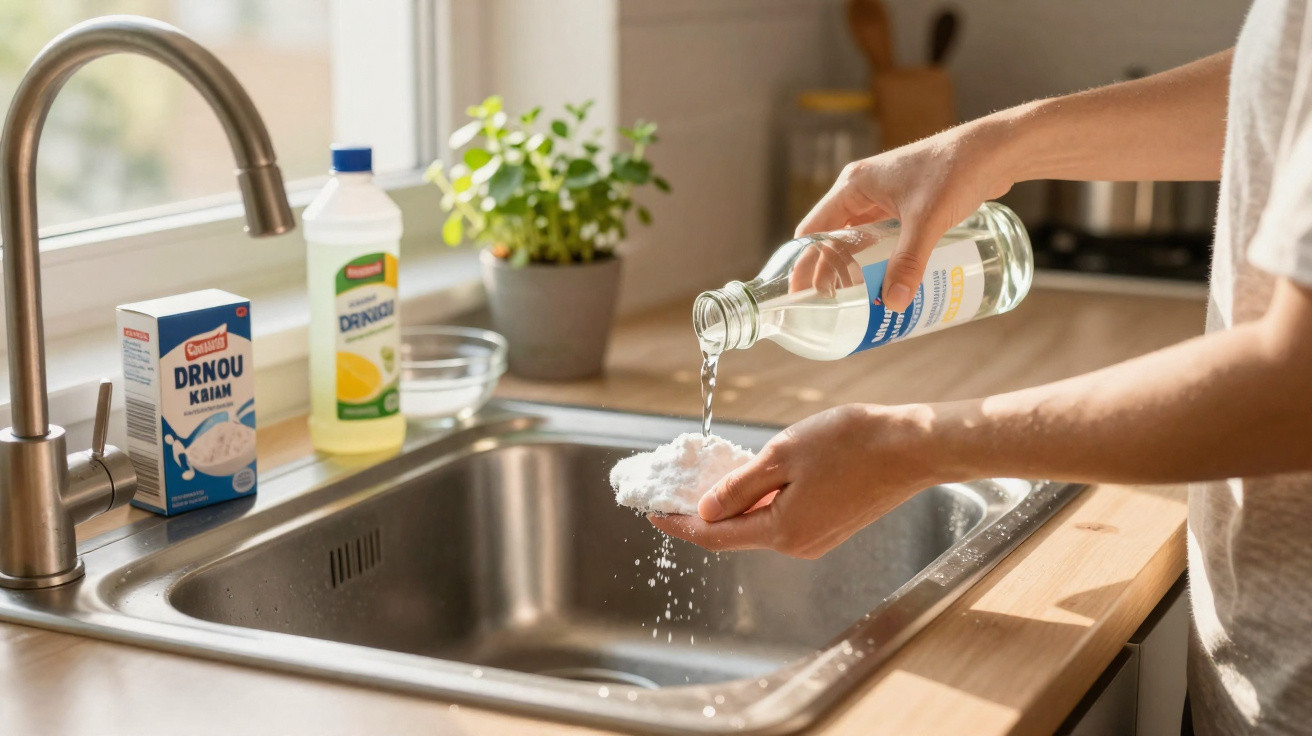 Person pouring vinegar onto baking soda over a stainless steel kitchen sink with cleaning products nearby.