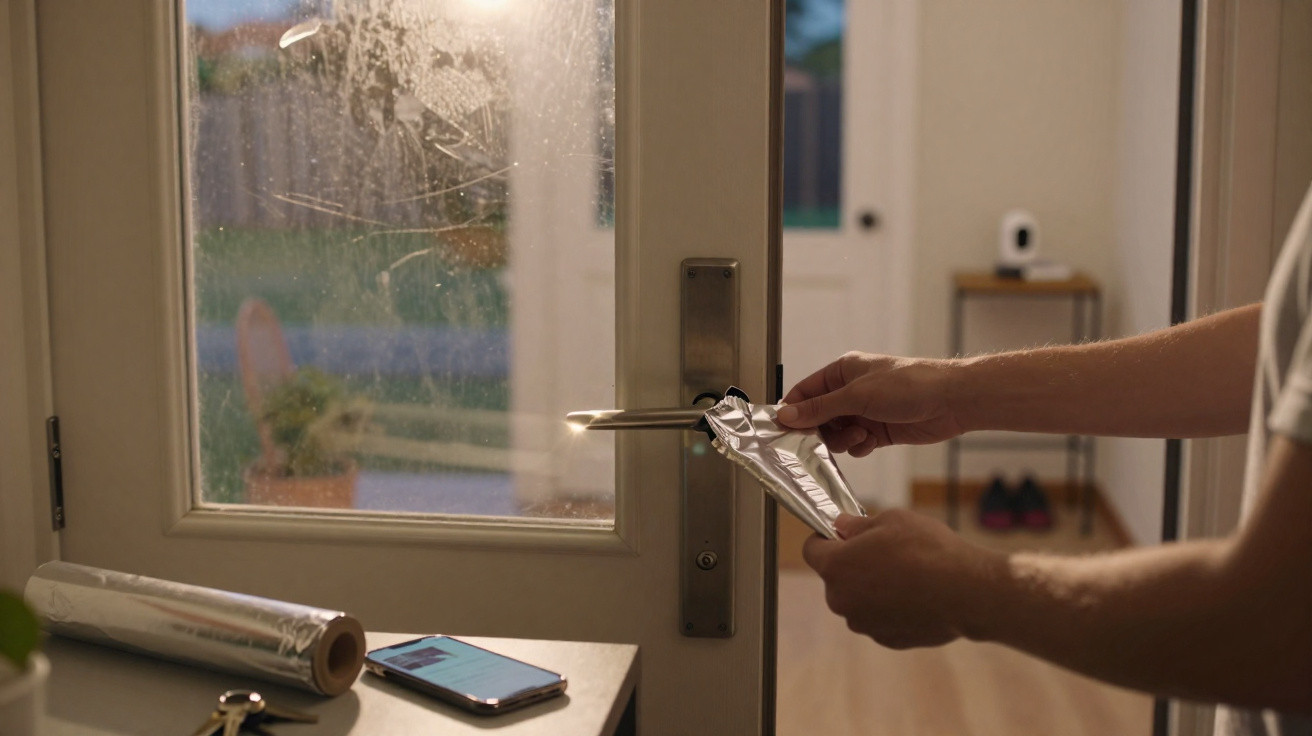 Person wrapping door handle with aluminium foil in a cosy, well-lit home interior.