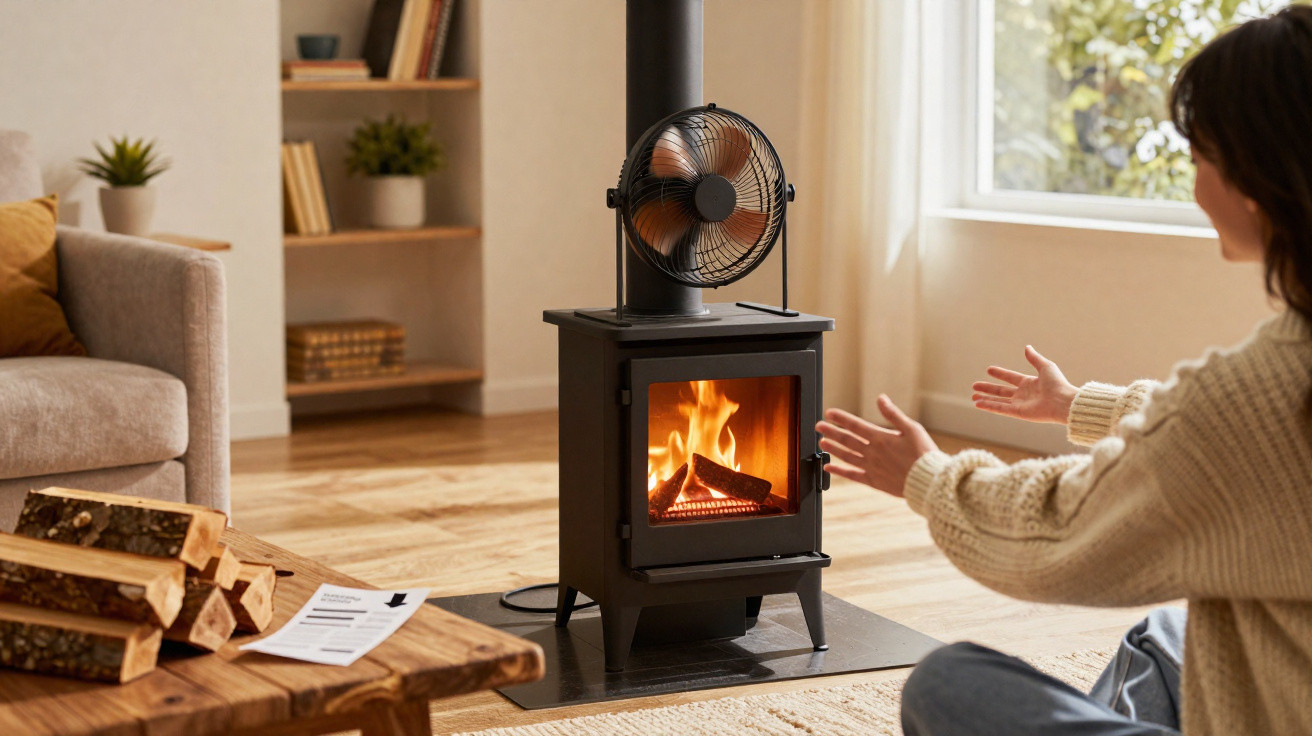 Person warming hands by a lit wood-burning stove in a cosy, sunlit living room with wood flooring.