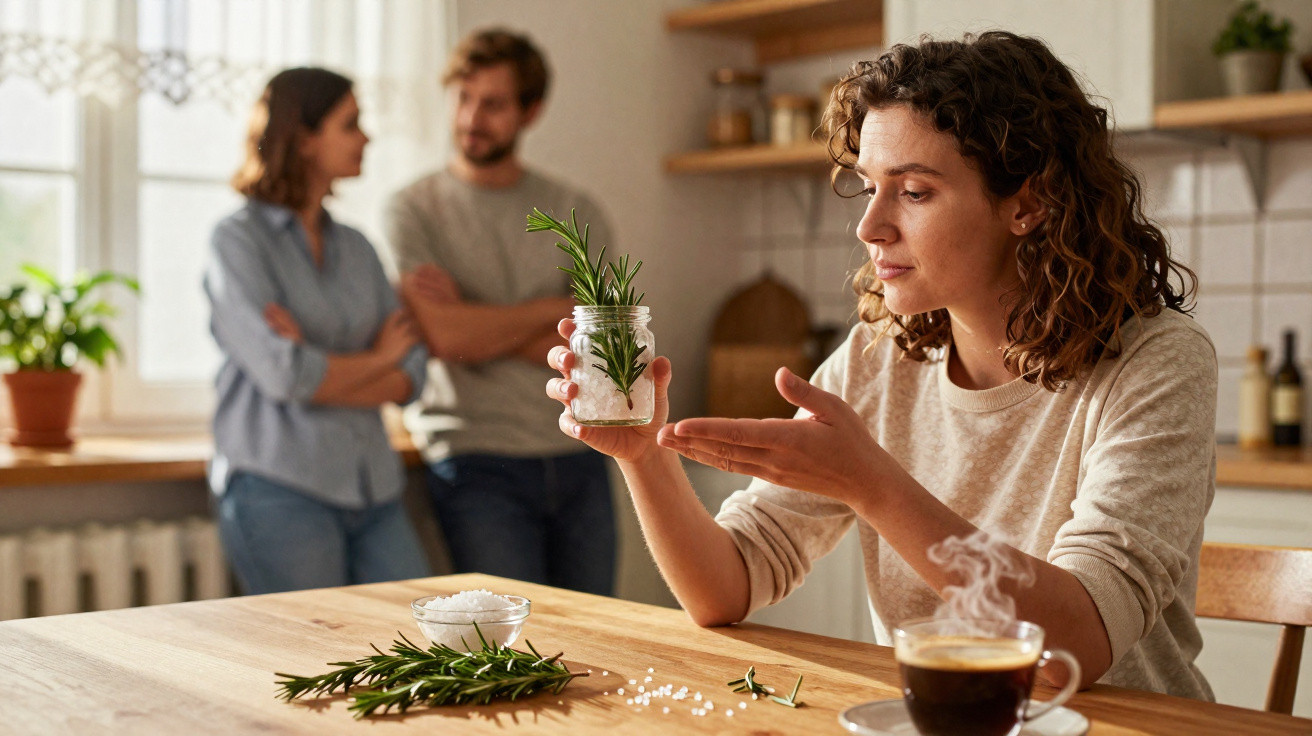 Woman examining jar with rosemary in kitchen while two people talk in the background at a wooden table.