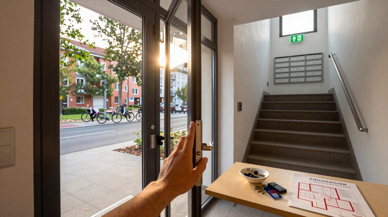 Person opening glass door of apartment building entrance with stairs and mailboxes inside.