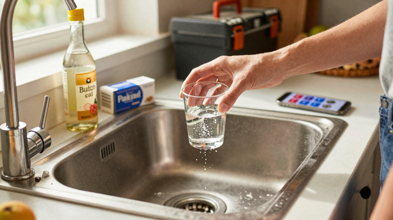 Hand holding a glass with water and effervescent tablet dissolving above a kitchen sink.