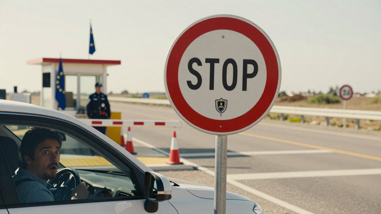 White car stopped at a border checkpoint with a large stop sign and a guardpost in the background.