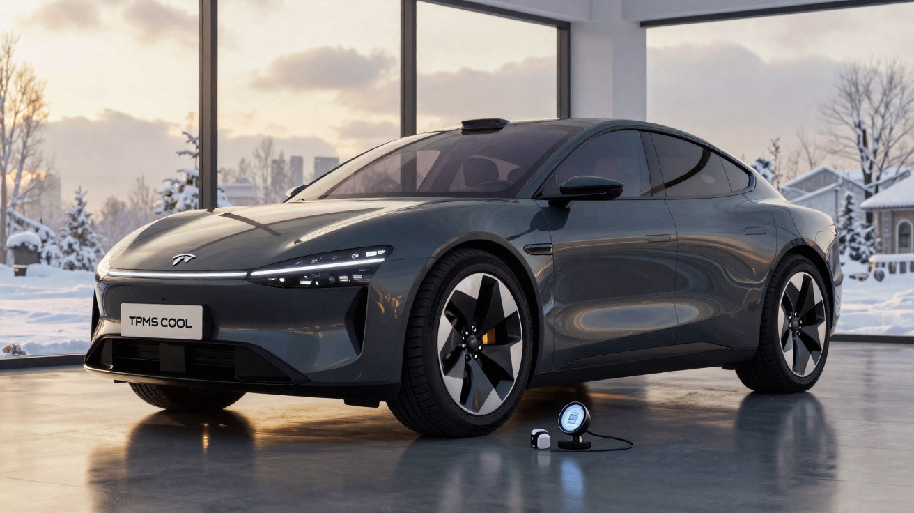 Sleek dark grey electric car displayed indoors near large windows with snowy landscape outside at dusk.