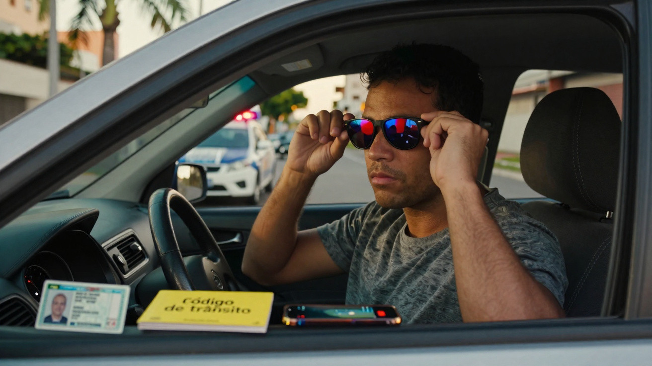 Man sitting in car wearing sunglasses with traffic ID card and code book on dashboard, police car outside.