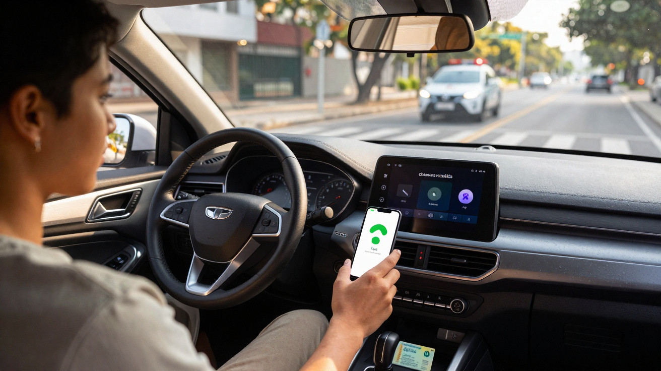 Person holding a smartphone with an incoming call while sitting in the driver’s seat of a parked car.