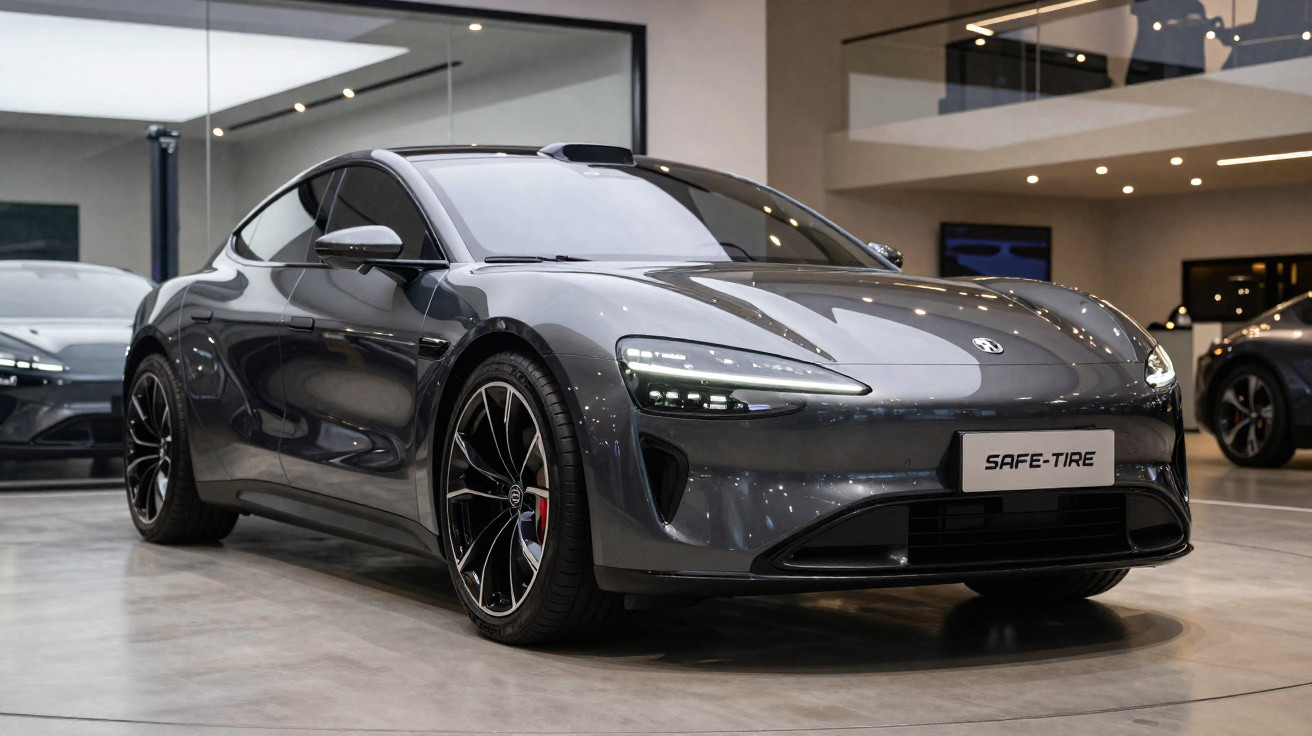 Grey sleek electric sports car with modern headlights displayed in a showroom under bright lights