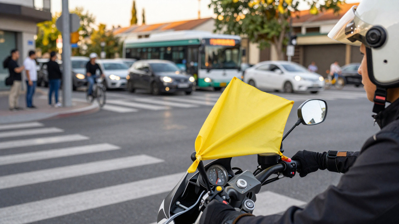 Motorcyclist wearing a helmet at a pedestrian crossing with a yellow flag attached to the bike's handlebars.