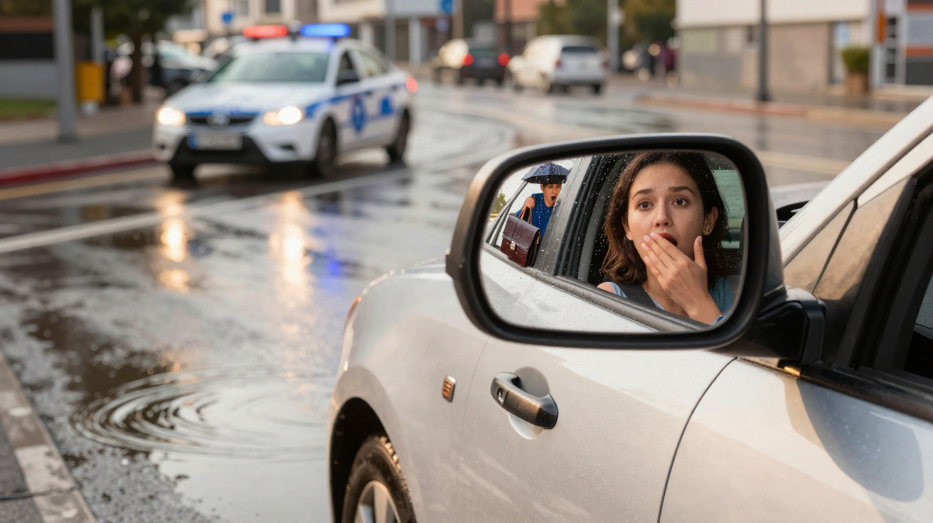 Rearview mirror reflection of a shocked woman in a car with a police car and pedestrian in rain outside.