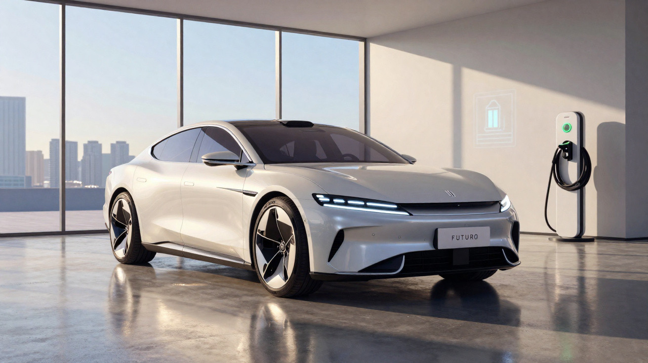 Silver electric car parked indoors near a wall-mounted charging station with city skyline outside windows.