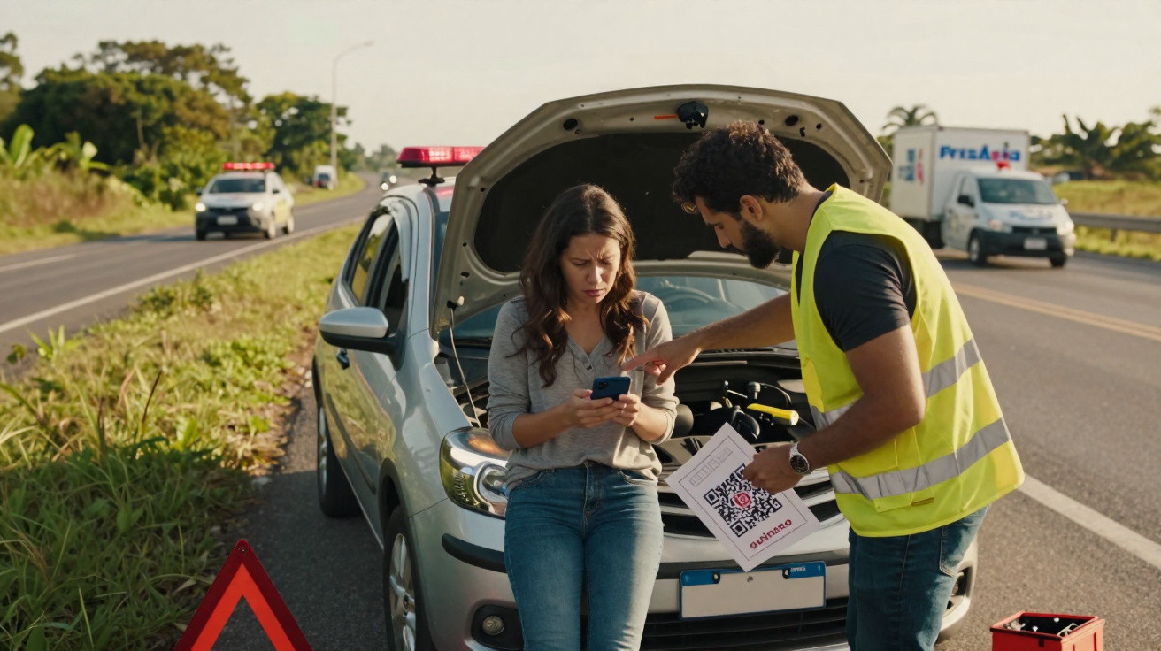 A woman with a broken down car on the roadside talks to a man in a yellow safety vest holding a QR code sheet.