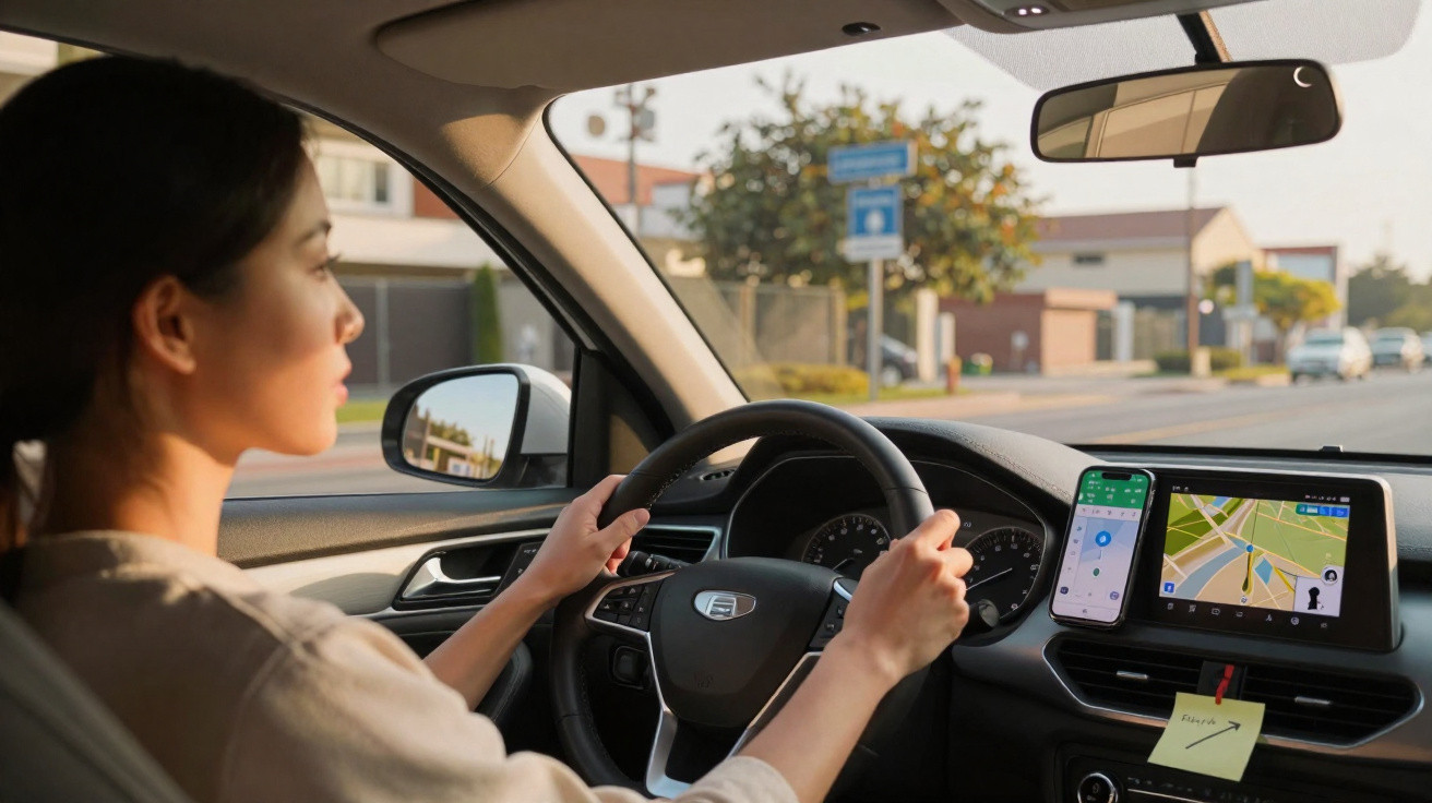 Woman driving a car with hands on the steering wheel, smartphone and GPS navigation screen visible on dashboard.