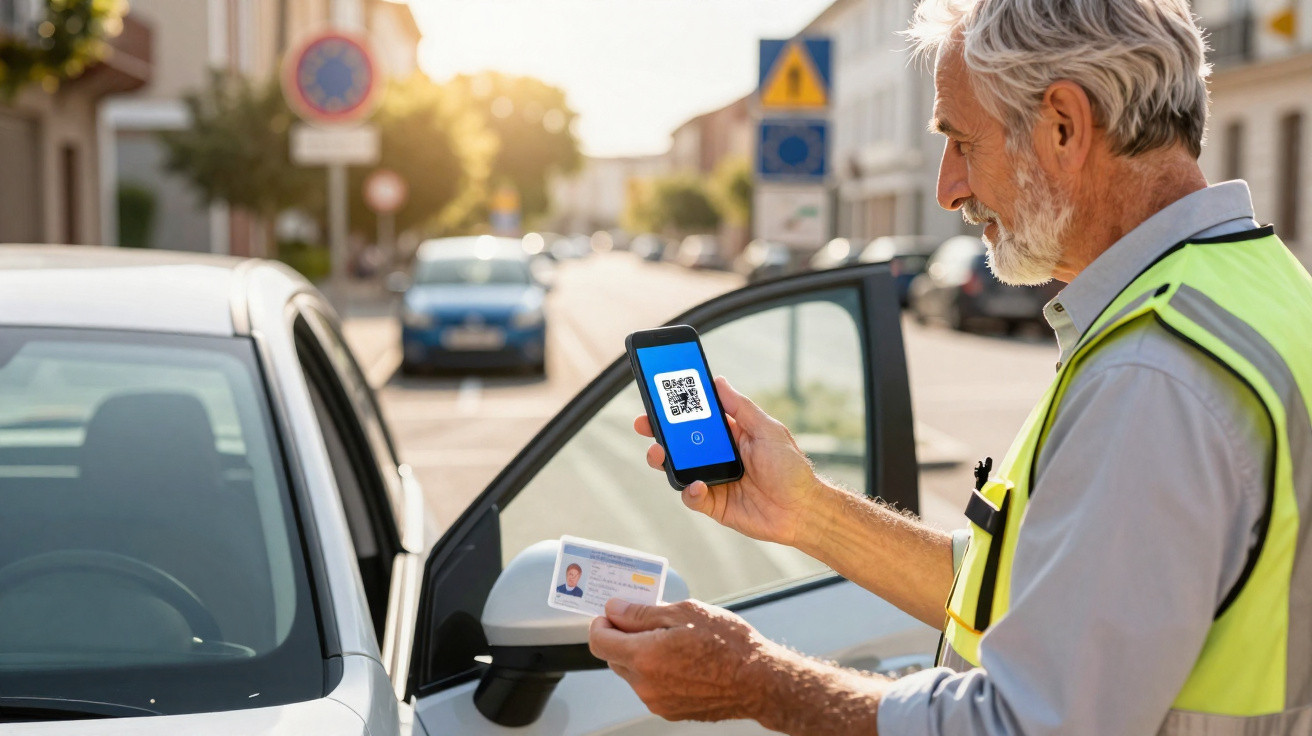 Older man in a safety vest scanning a QR code on a smartphone while holding an ID card next to a white car.
