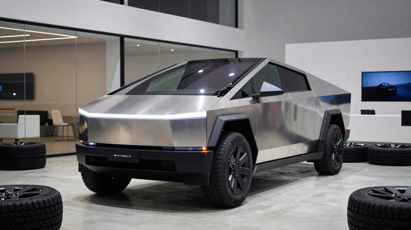 Silver Tesla Cybertruck electric vehicle displayed indoors with spare tyres around it