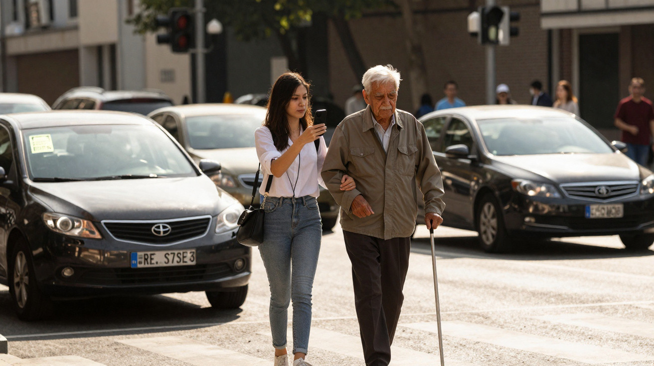 Young woman assists elderly man with cane crossing busy city street at pedestrian crossing in daylight.