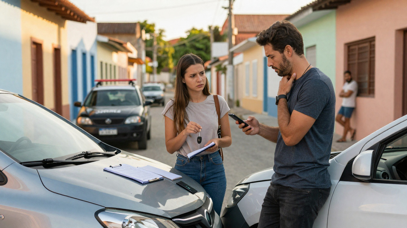 Two people discuss an accident between two cars on a residential street with a police car in the background.