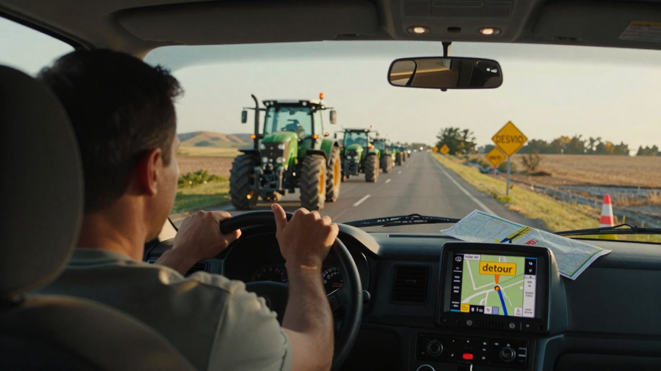 Driver navigating a vehicle on a rural road with tractors ahead and a GPS showing a detour route.