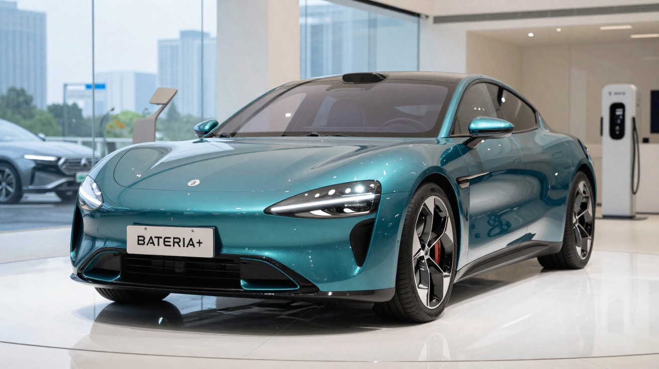 Sleek teal electric sports car displayed indoors with modern headlights and aerodynamic design.