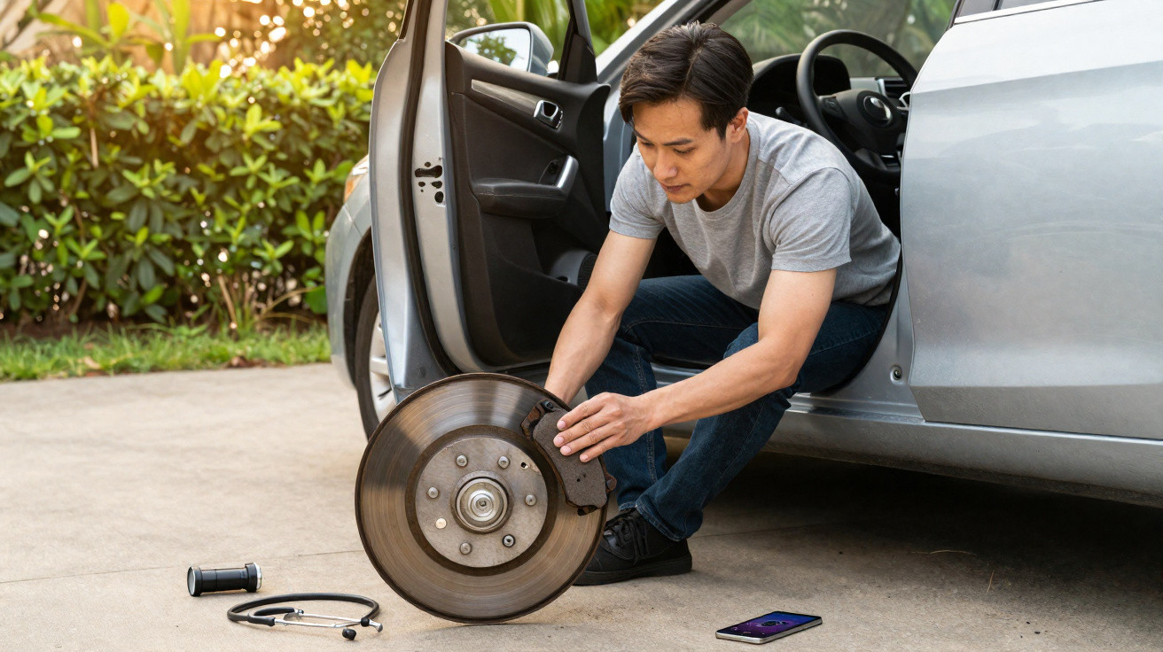 Man inspecting car brake disc while sitting in the driver's seat of a silver car with door open.
