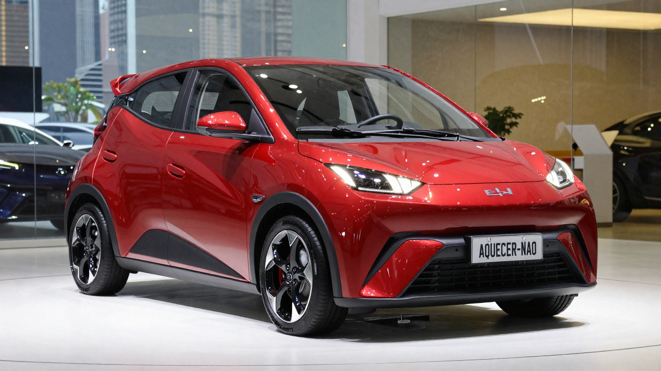 Red compact electric hatchback car displayed indoors with modern design and black alloy wheels.