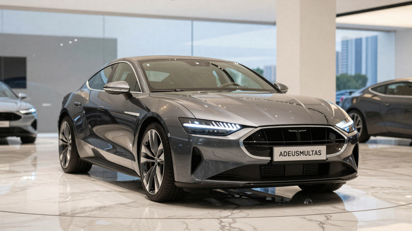 Sleek grey Tesla electric car displayed indoors on shiny tiled floor with modern showroom background.