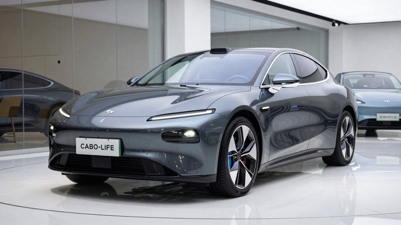 Sleek grey electric sedan displayed in a showroom with polished floors and reflective glass walls.