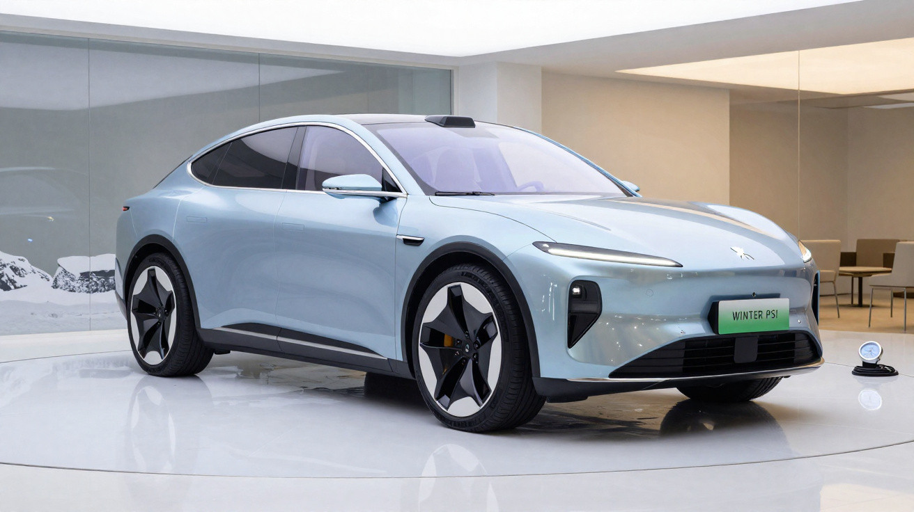 Silver electric sedan displayed indoors on a rotating platform with modern, minimalist interior background.