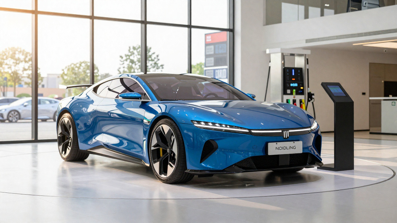 Blue electric sports car displayed indoors near charging station and large windows on glossy floor.