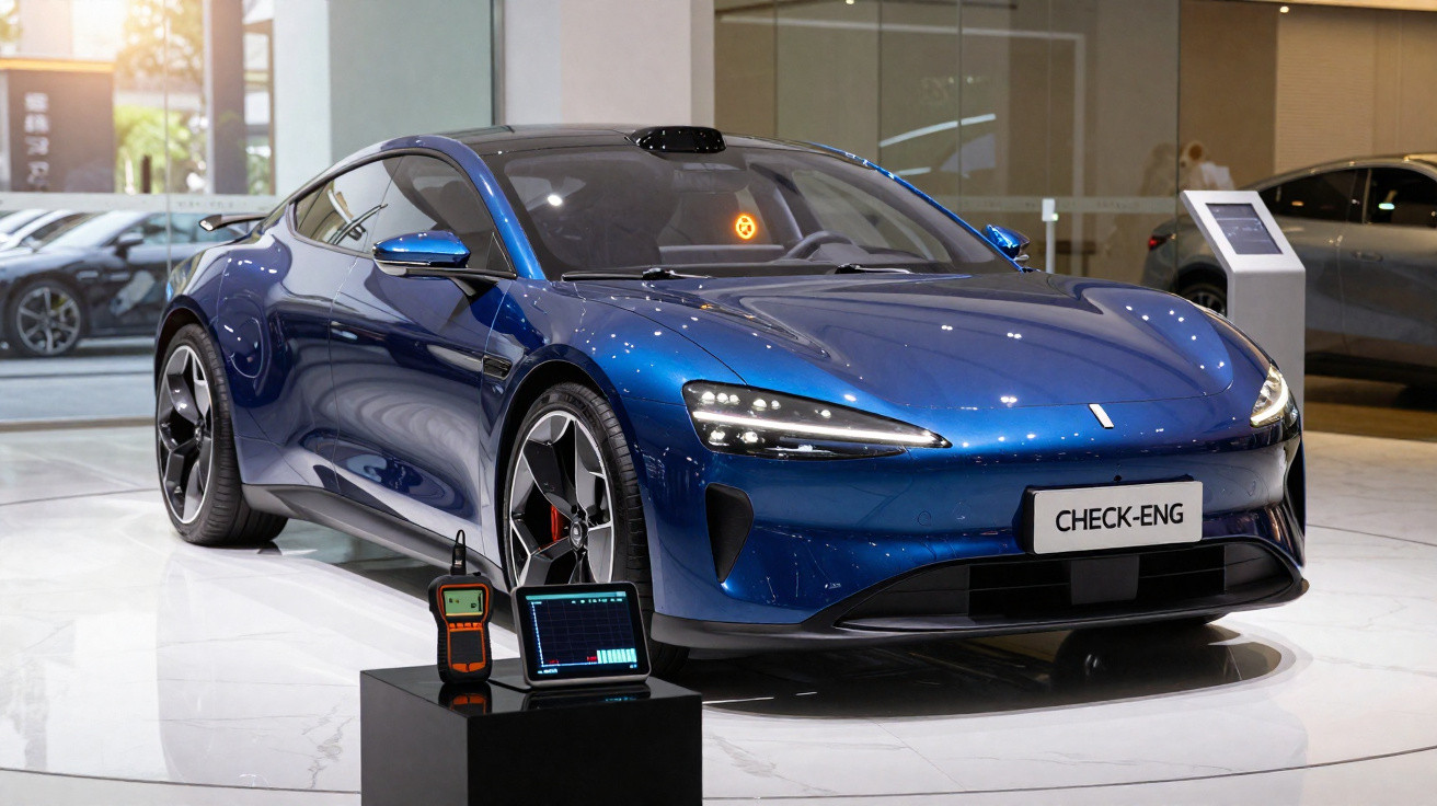 Blue sleek electric sports car displayed indoors with diagnostic devices in front of it.