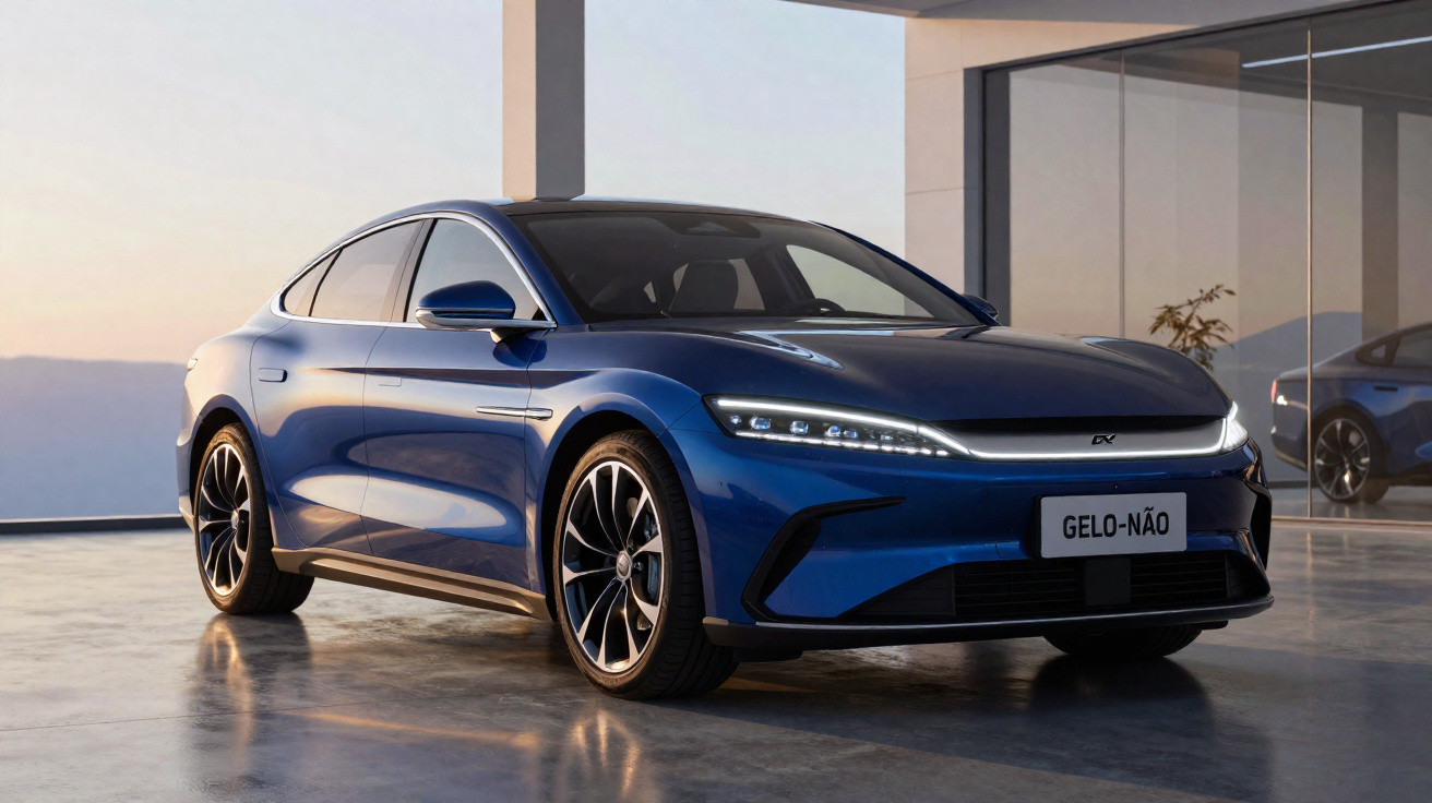 Blue electric sedan parked indoors with sleek design and modern LED headlights at sunset.