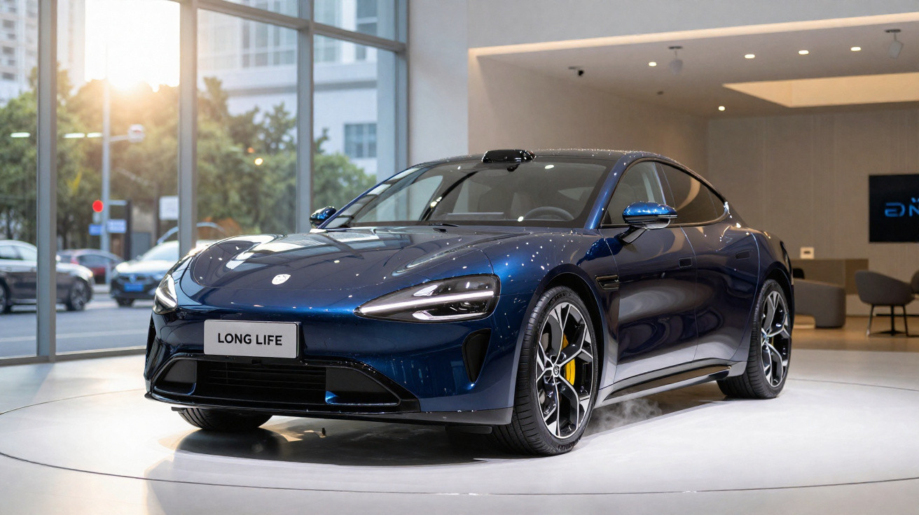Sleek dark blue electric sports car with modern headlights displayed in a bright showroom.