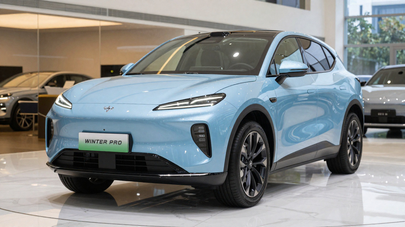 Light blue electric SUV displayed indoors on a shiny white floor with sleek modern design.