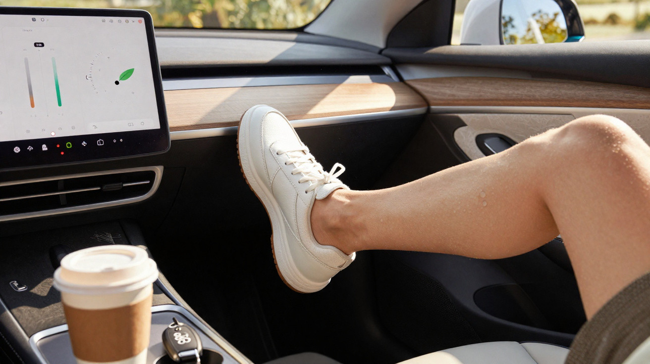 Person's leg with white sneaker resting on car dashboard, digital display and takeaway coffee cup in foreground.