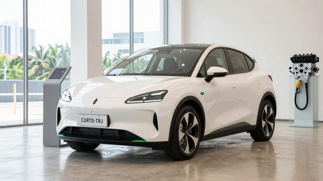 White modern electric car displayed indoors with large windows and engine model in the background