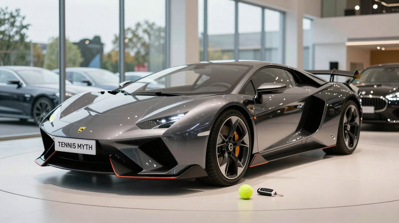 Grey Lamborghini sports car displayed indoors with tennis ball and car key on floor nearby
