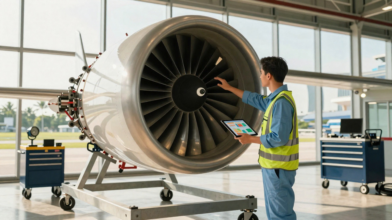 Technician in high-visibility vest inspecting large aircraft jet engine indoors with tablet in hand.