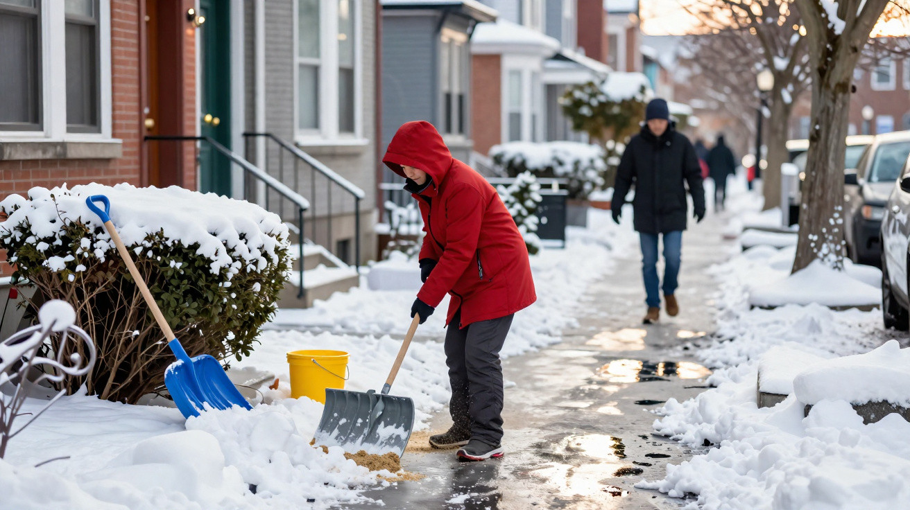 Person in red coat shovelling snow on a residential street sidewalk in winter.